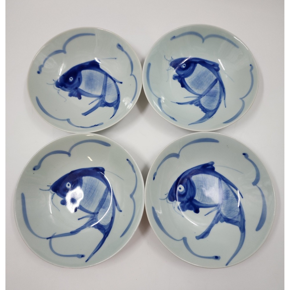Vintage Japanese Blue and White Koi Fish Porcelain Bowls Set of 4 Sometsuke